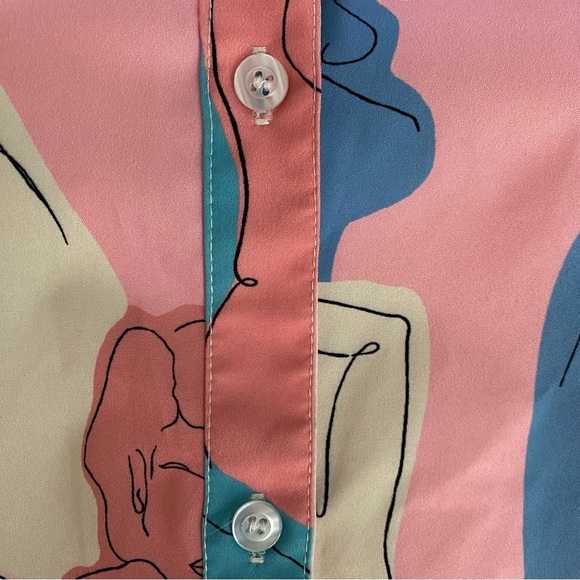 Pink and Blue Abstract Woman Art Print Button Down Short Sleeve Shirt Size S - Picture 11 of 16